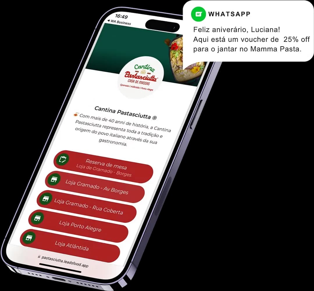 Campanha de aniversário enviada no WhatsApp com voucher — tela real da LeadsFood