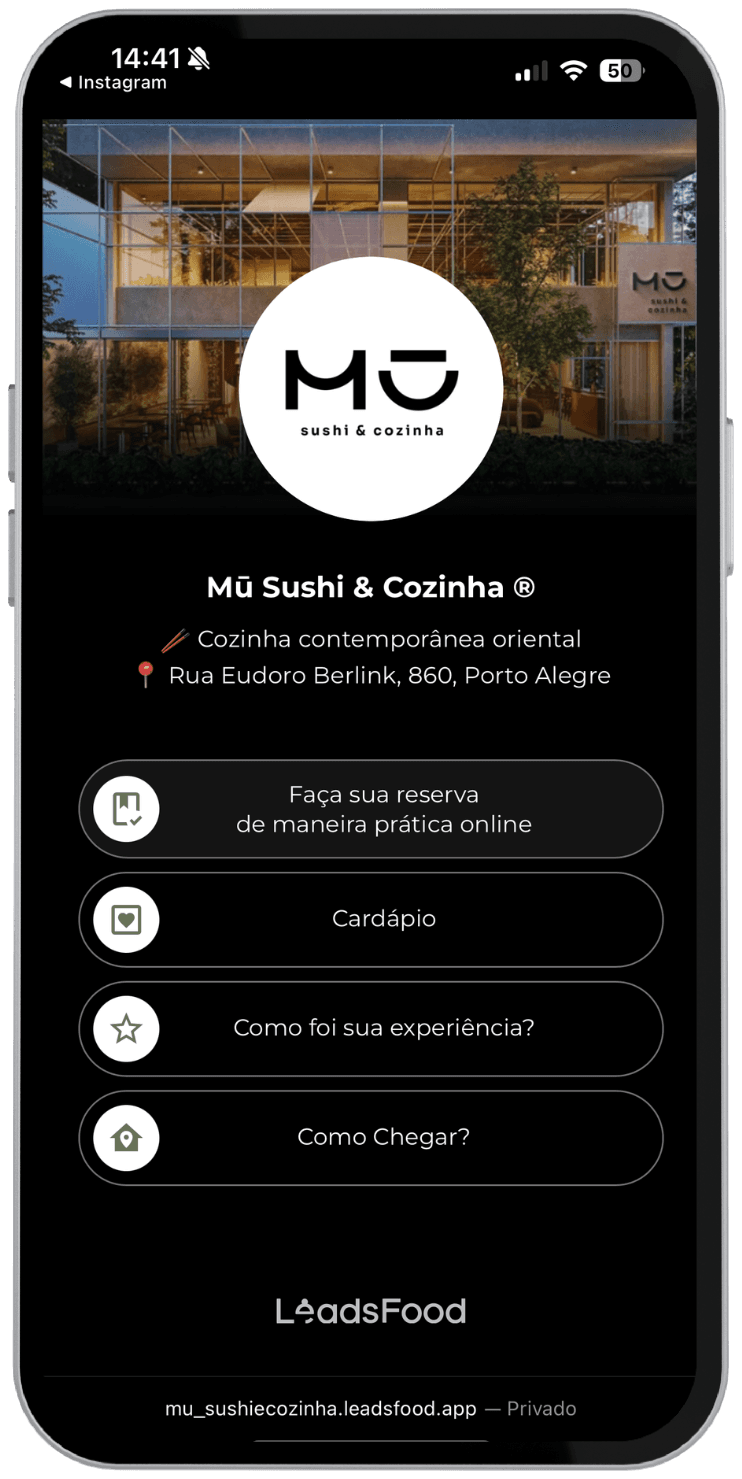 Cardápio digital e link na bio de um restaurante no LeadsFood
