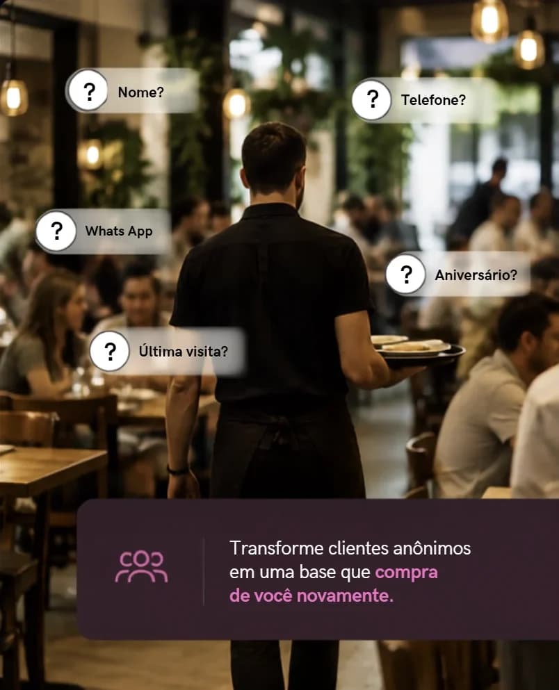 Transforme clientes anônimos em uma base que compra de você novamente — dados como nome, telefone e aniversário capturados pela LeadsFood