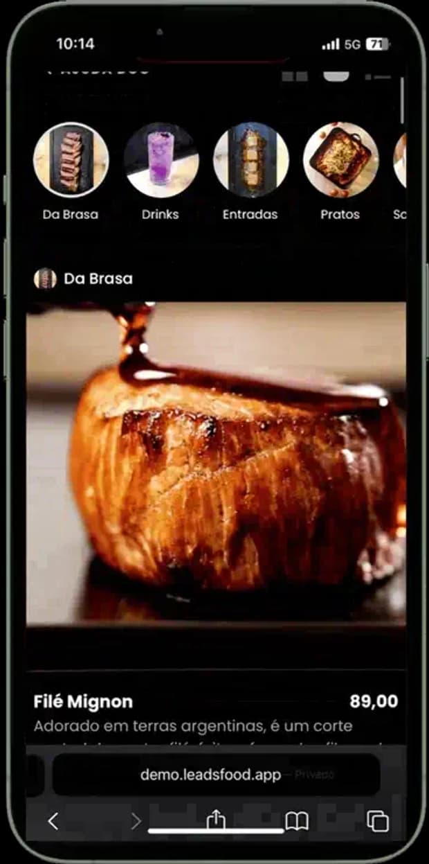Cardápio digital com foto de cada prato e preço — tela real do cardápio da LeadsFood