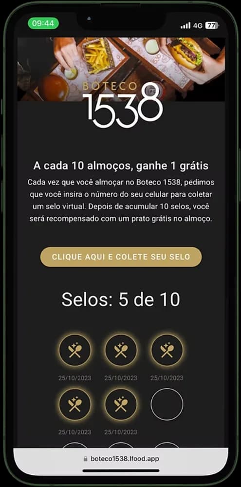 Cartão fidelidade digital com selos — tela real do app da LeadsFood