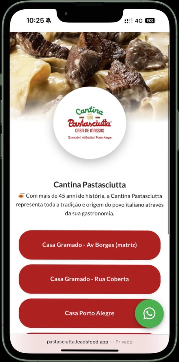 Mini site da Cantina Pastasciutta aberto pelo link da bio — capa, logo e informações das unidades