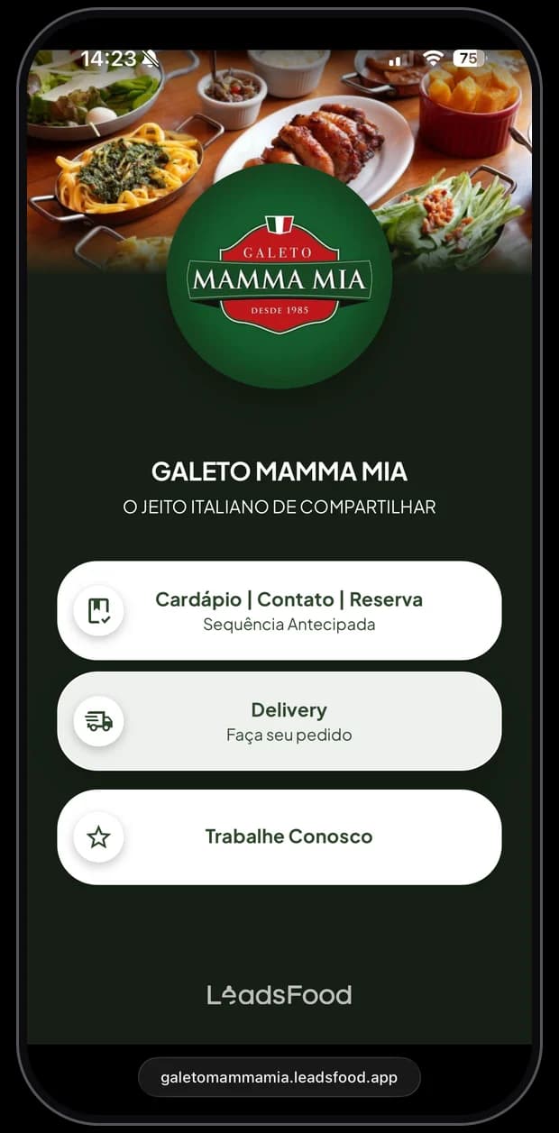 Mini site de restaurante cliente da LeadsFood — apresentação no link exclusivo
