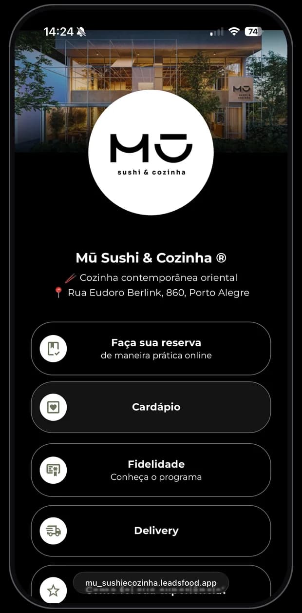 Mini site de restaurante cliente da LeadsFood — apresentação no link exclusivo