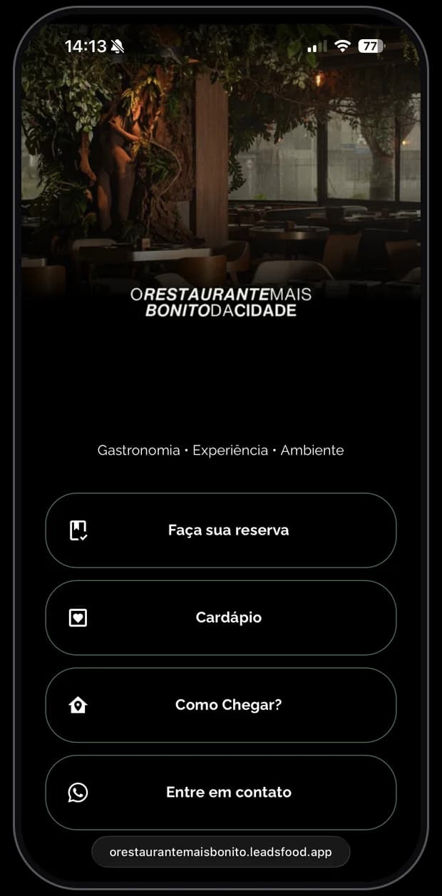 Mini site de restaurante cliente da LeadsFood — apresentação no link exclusivo