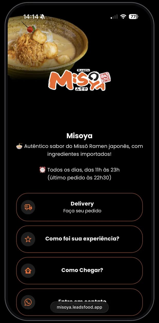 Mini site de restaurante cliente da LeadsFood — apresentação no link exclusivo