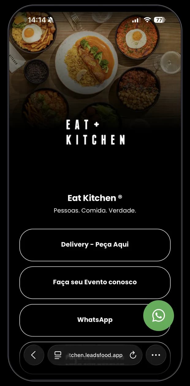 Mini site de restaurante cliente da LeadsFood — apresentação no link exclusivo