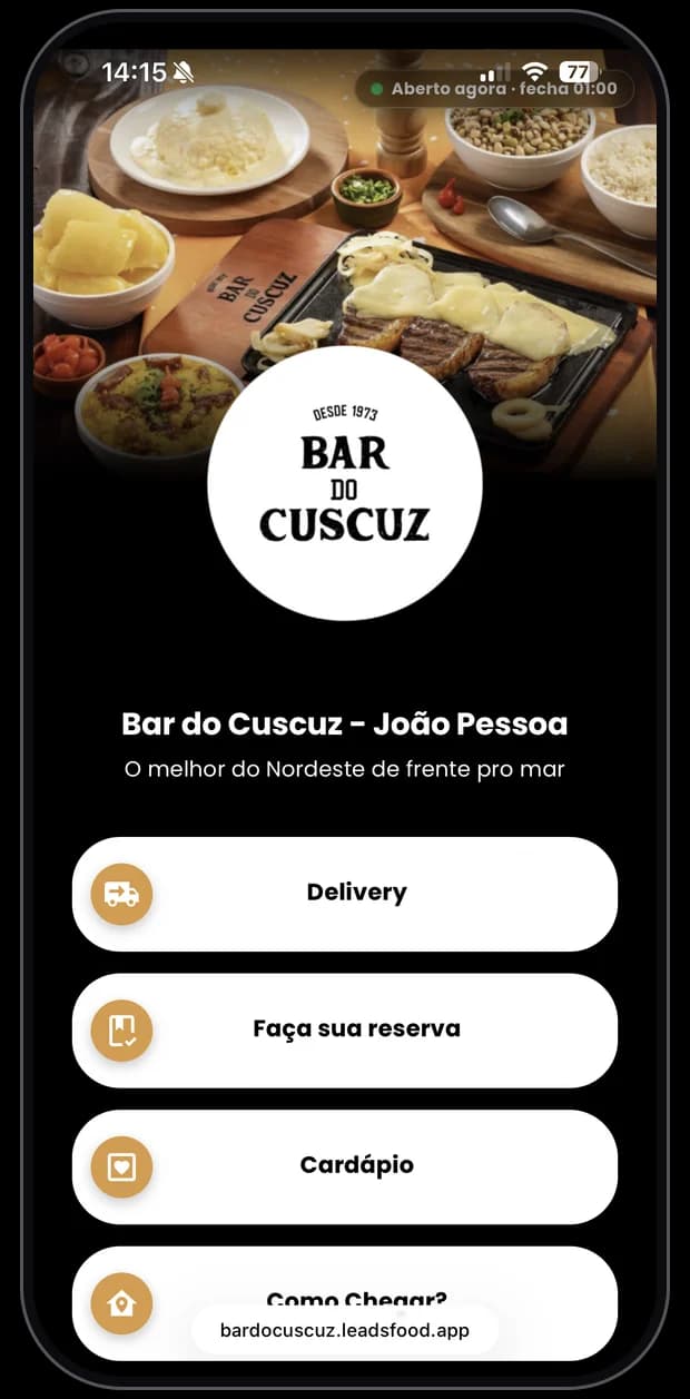 Mini site de restaurante cliente da LeadsFood — apresentação no link exclusivo