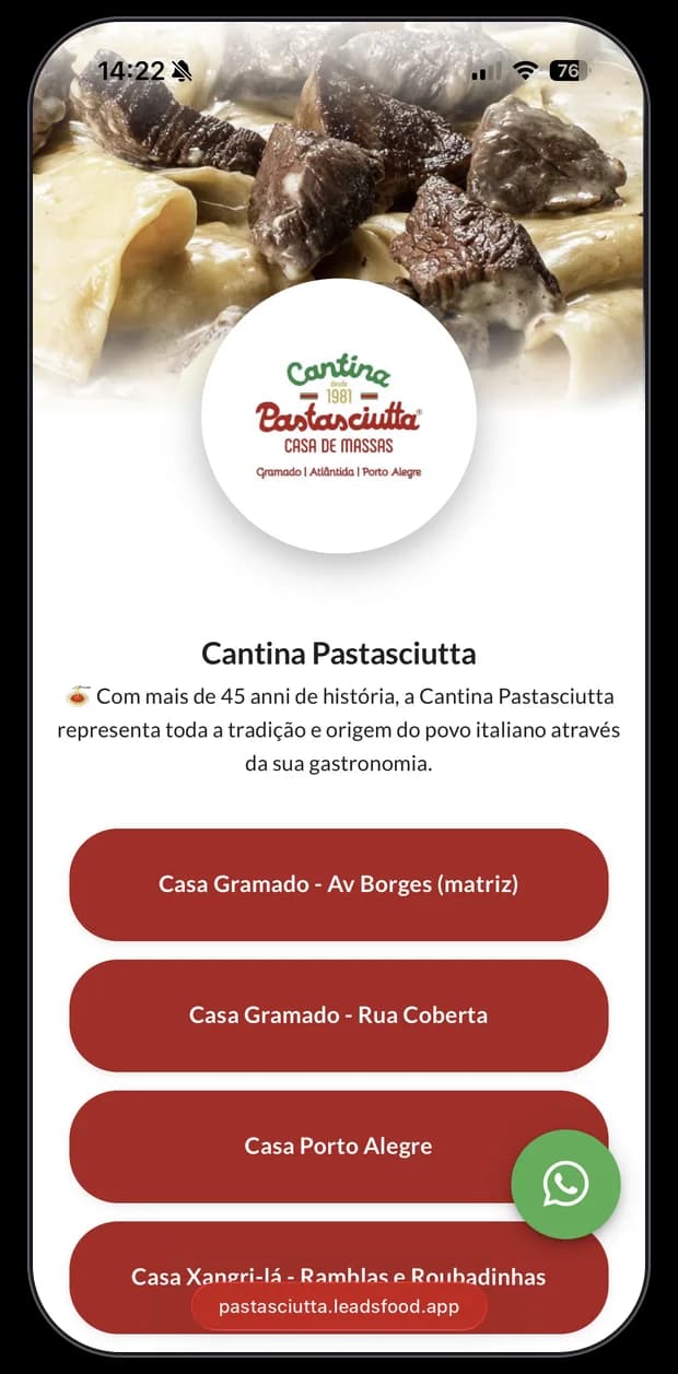 Mini site de restaurante cliente da LeadsFood — apresentação no link exclusivo