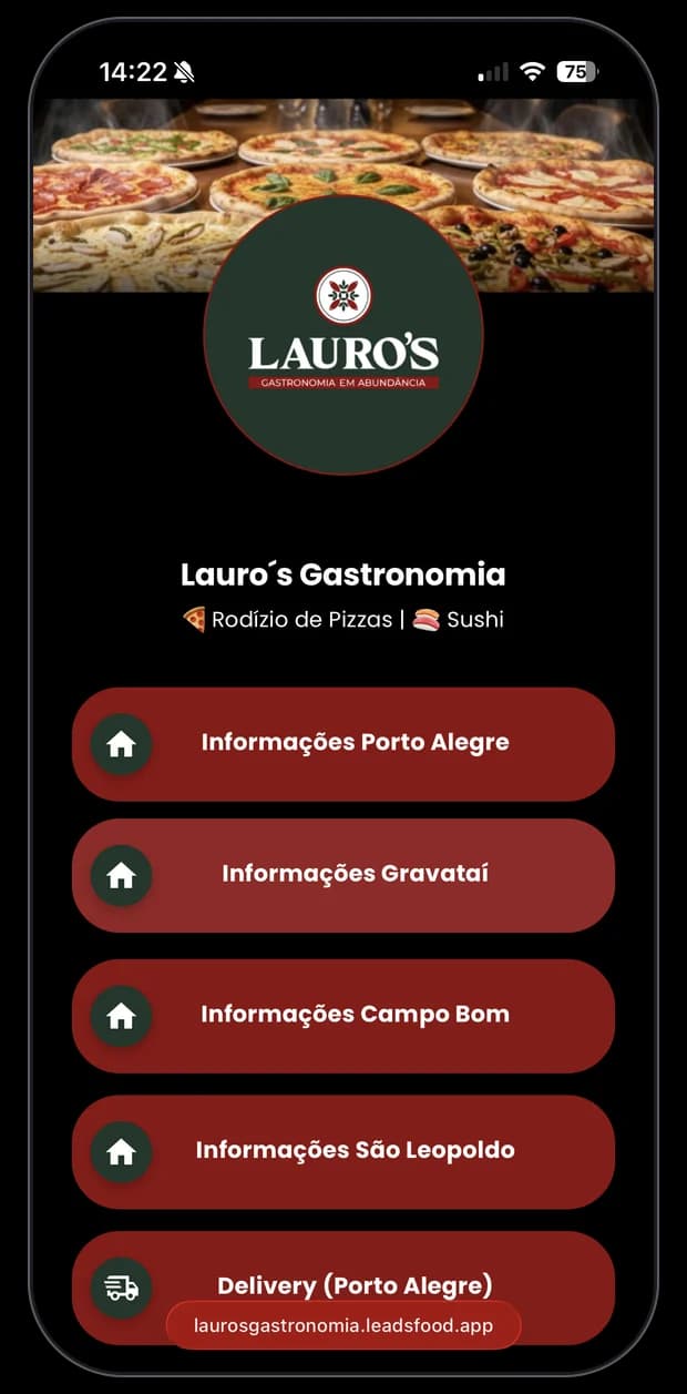 Mini site de restaurante cliente da LeadsFood — apresentação no link exclusivo