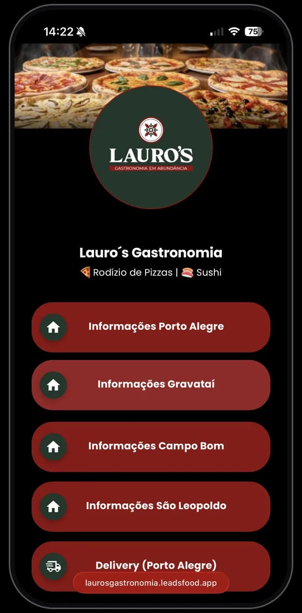 Mini site de restaurante cliente da LeadsFood — apresentação no link exclusivo