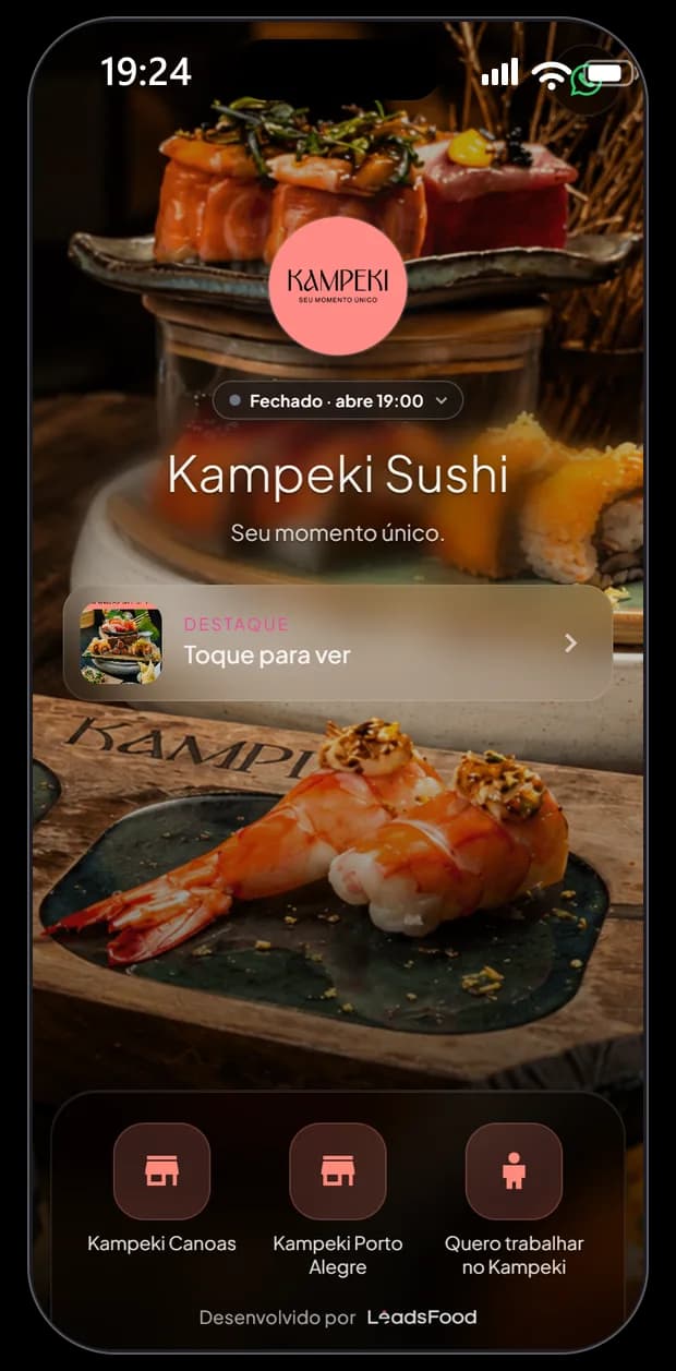 Mini site do Kampeki Sushi na LeadsFood — apresentação da casa no link exclusivo