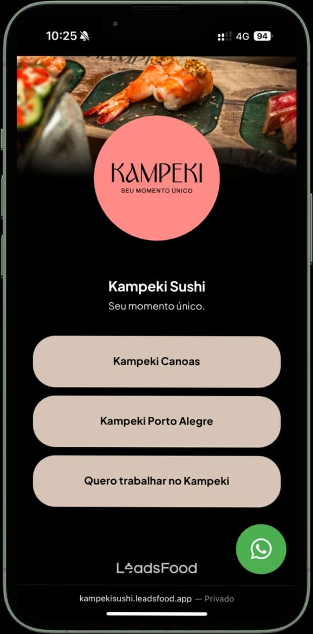 Mini site do Kampeki Sushi aberto pelo link da bio — capa, logo e informações das unidades