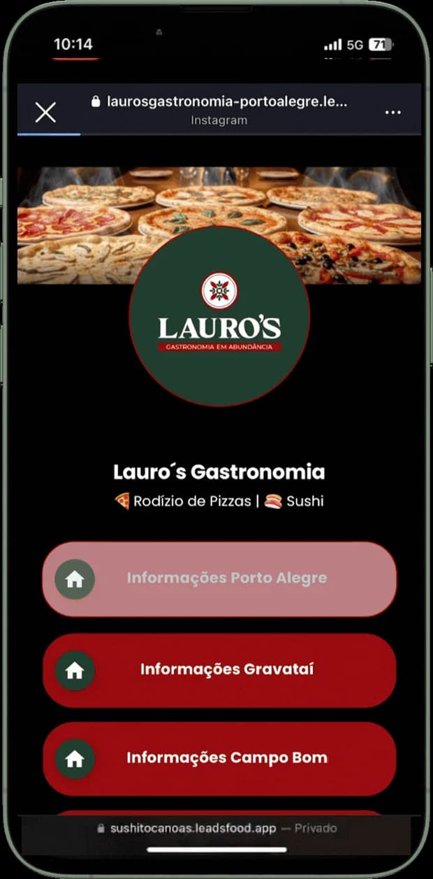 Mini site do Lauro's Gastronomia aberto pelo link da bio — capa, logo e informações das unidades
