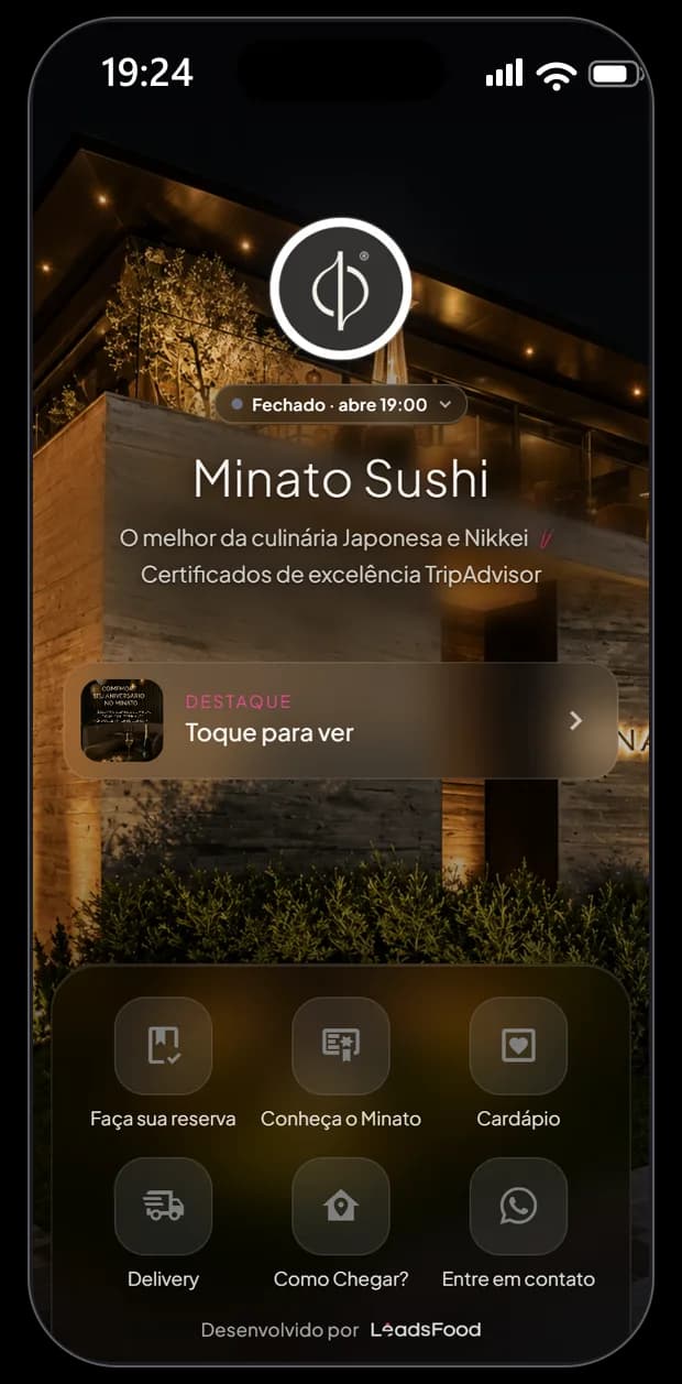 Mini site do Minato Sushi na LeadsFood — apresentação da casa no link exclusivo