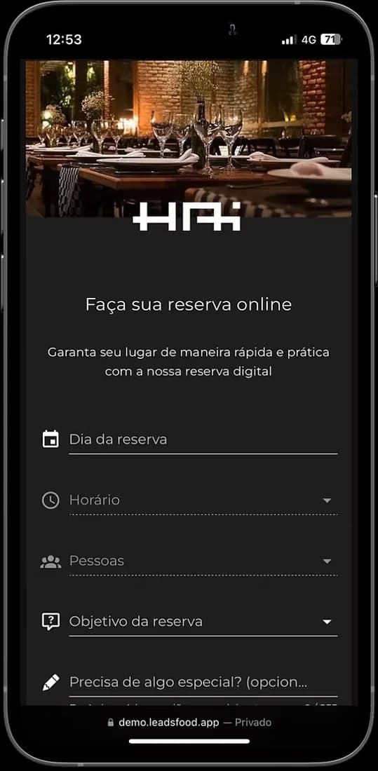 Tela real de reserva online da LeadsFood — demo.leadsfood.app